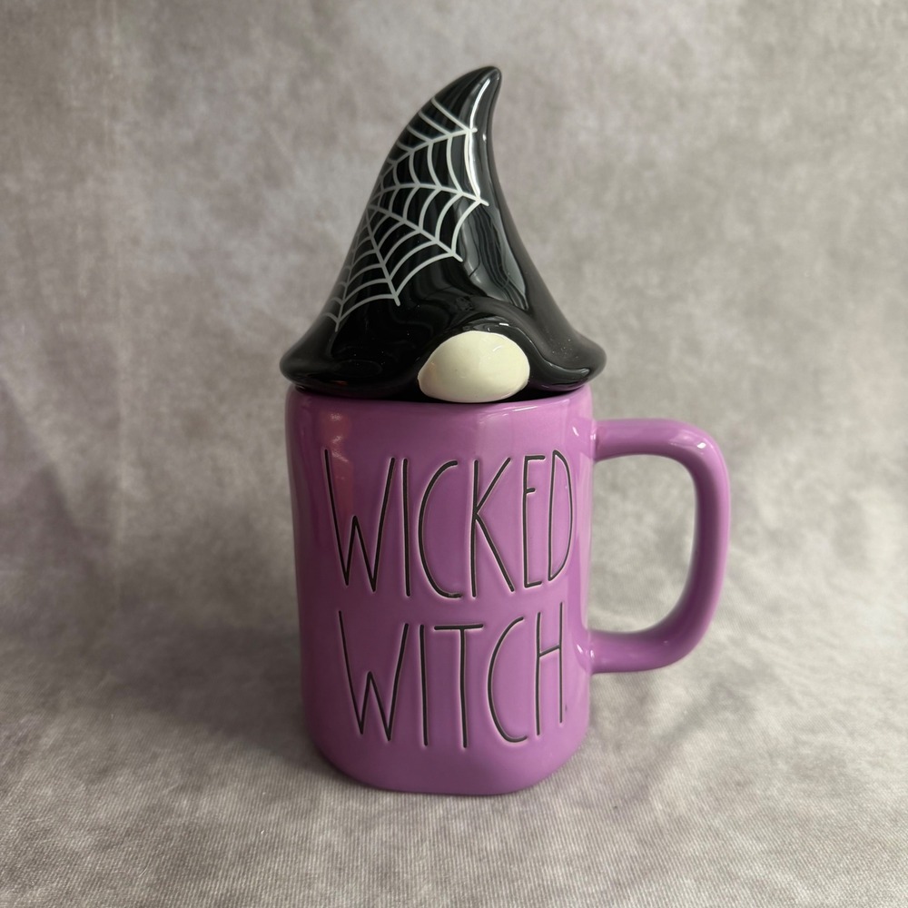 Rae Dunn Wicked Witch Mug Purple Black Spiderweb Gnome Hat Lid 16oz Coffee Cup